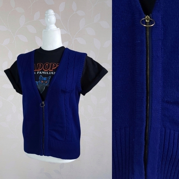 Vintage Cable Knit O Ring Zipper Front V Neck Sweater Vest Brian Scott Blue Med - Picture 1 of 16